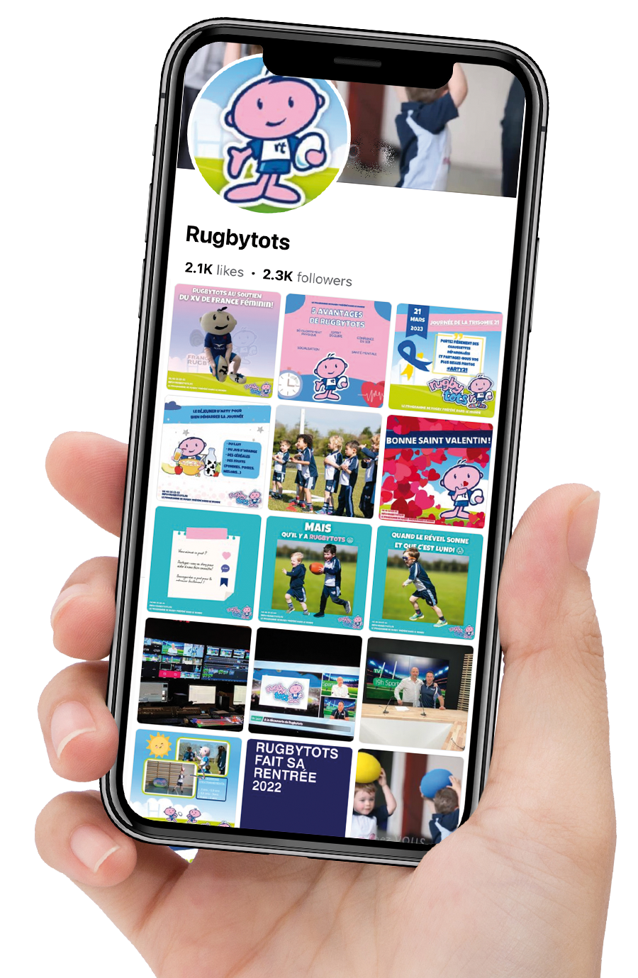 54 / 5,000 Translation results Translation result Publications sur les réseaux sociaux Facebook de Rugbytots sur un smartphone