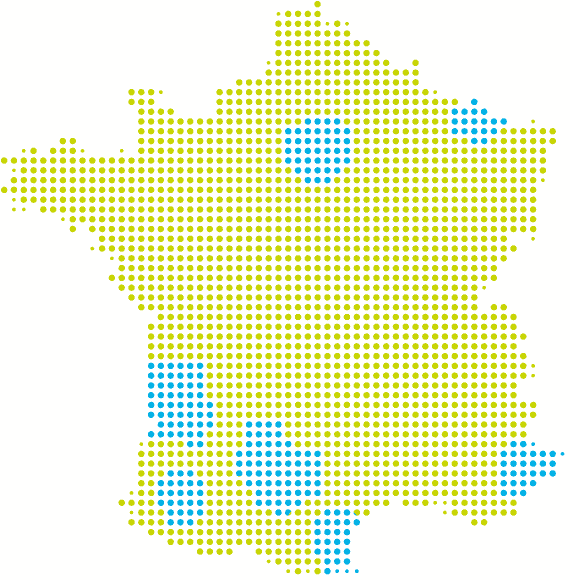 Carte indiquant la disponibilité élevée et faible des franchises Rugbytots en France